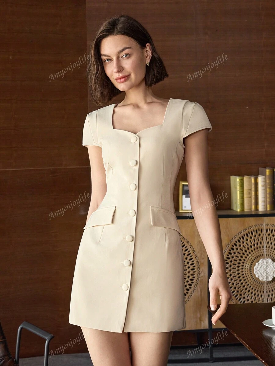 Vestido casual de verano para mujer de unicolor, con cuello corazón, un solo botón, mangas abullonadas y cintura marcada, estilo "Old Money" para vacaciones, informal para la oficina