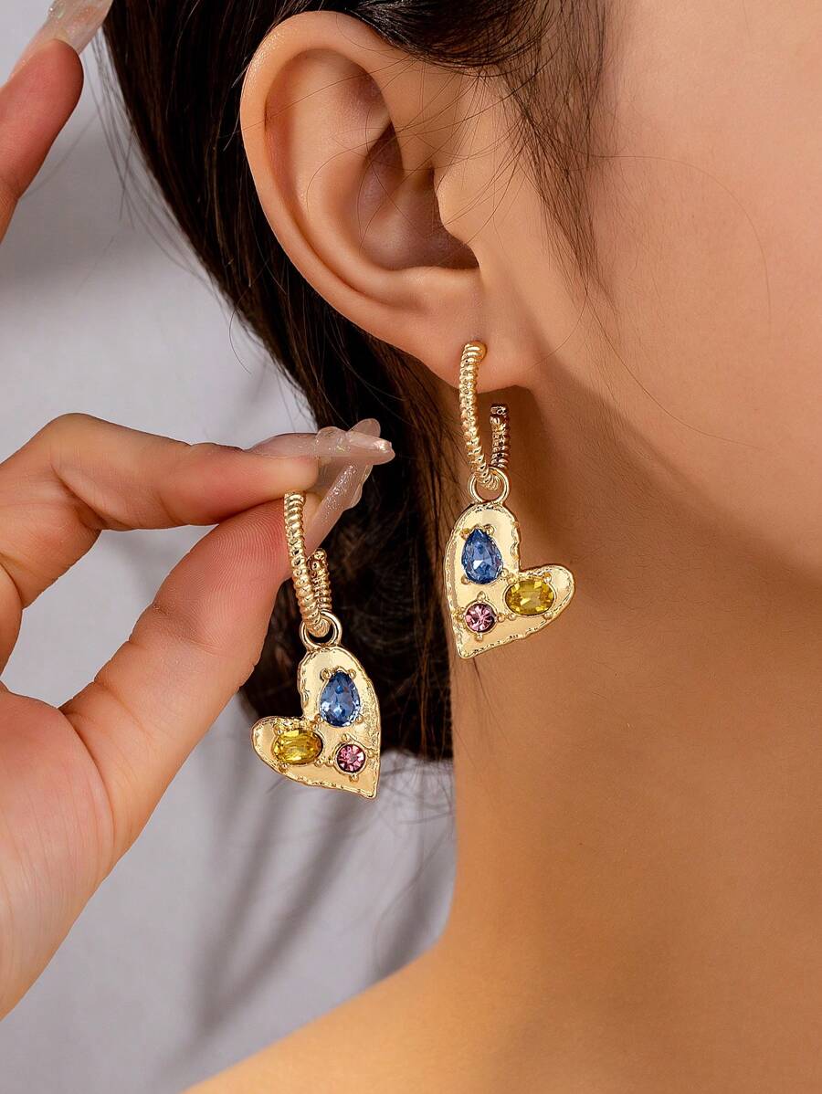1 par de lujosos pendientes aro con corazón incrustados de cristal en estilo vintage, joyería elegante como regalo adecuado para uso diario de la mujer