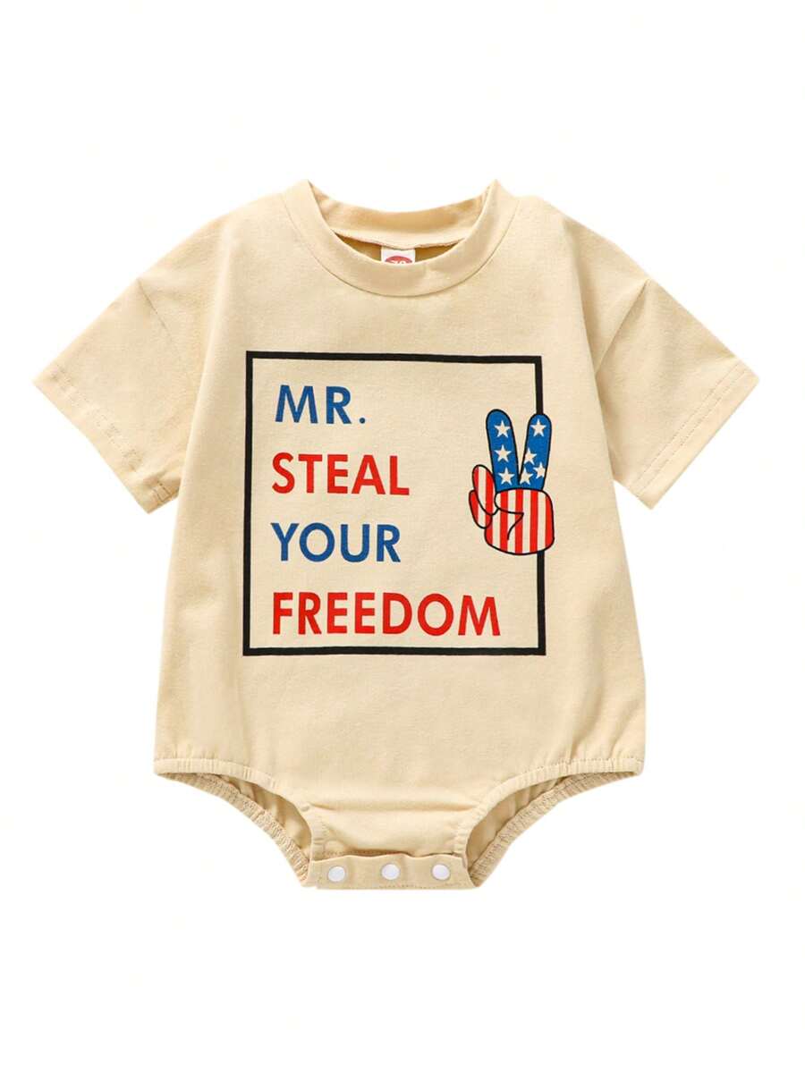 Baby 4th Of July Romper, Short Sleeve Round Neck Gesture Letter Print Newborn Bodysuit