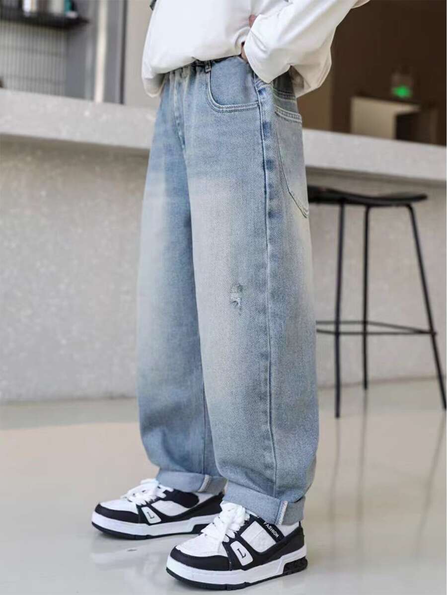 Jeans décontractés et déchirés pour garçons, jeans en denim délavé pour jeunes et adolescents, pantalon à jambes fuselées relaxantes