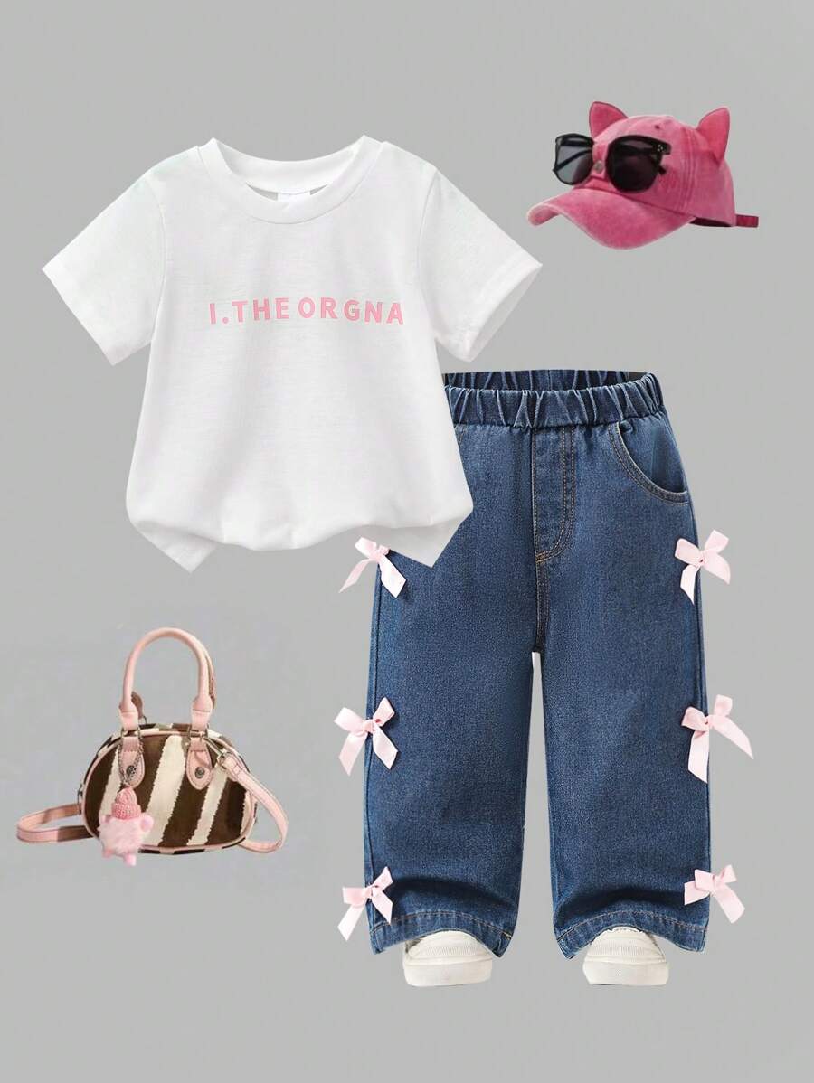 2 piezas Camiseta de manga corta con estampado de letras y vaqueros largos de denim con decoración de lazo 3D y bolsillos para niñas bebés, lindo y fresco, adecuado para salir, estar en casa, fiesta