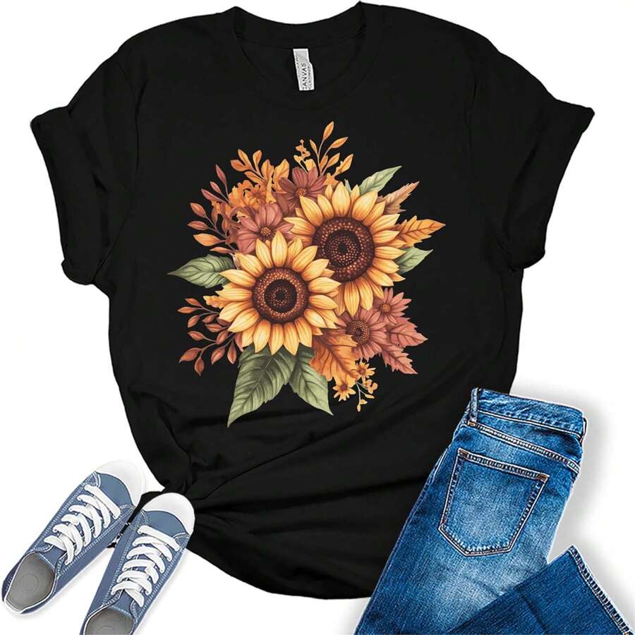 Womens Fall Vintage S Sunflower Tshirt Cottagecore Floral Graphic Tee Wildflower Shirts.