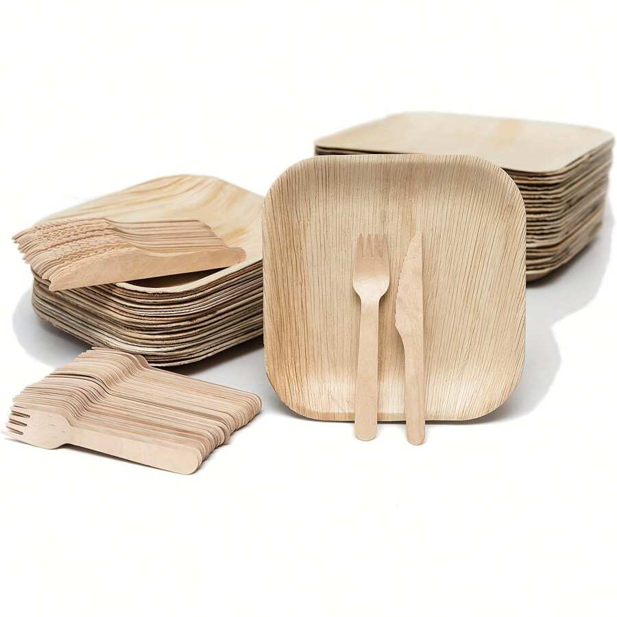15/30pcs Disposable Square Palm Leaf Plates & Cutlery Set, 10-Inch Square Plate (5/10pcs) + 16cm Knife (5/10pcs) + 16cm Fork (5/10pcs), Plastic Alternative, Microwave Friendly, Suitable For Family Gatherings, Restaurants, Parties, Graduation Season, Serves 5/10 Guests