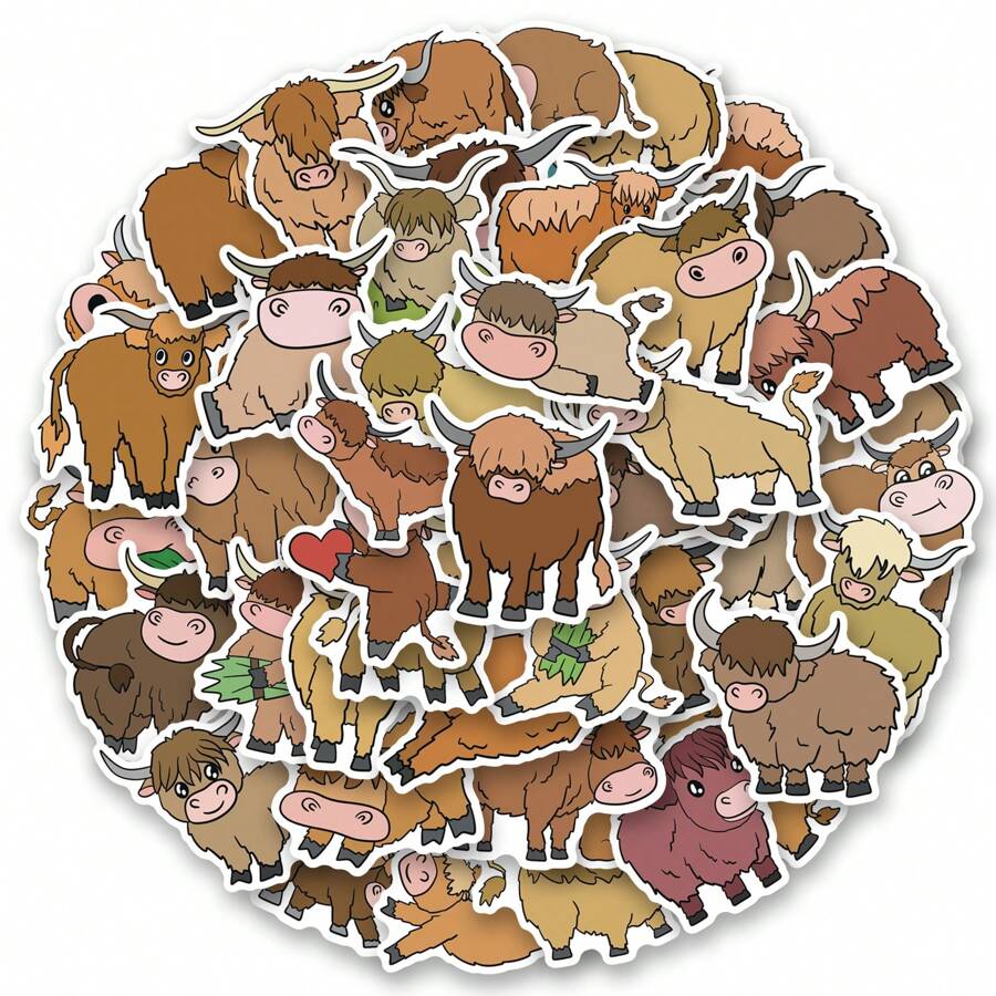 50 PCS Highland Cattle Stickers Vinyl Aesthetics Stickers Scrapbooking, Diary, Laptop, Bumper, Skateboard, Water Bottle, Cartoon, Hard Hat, Car Stickers And Decals