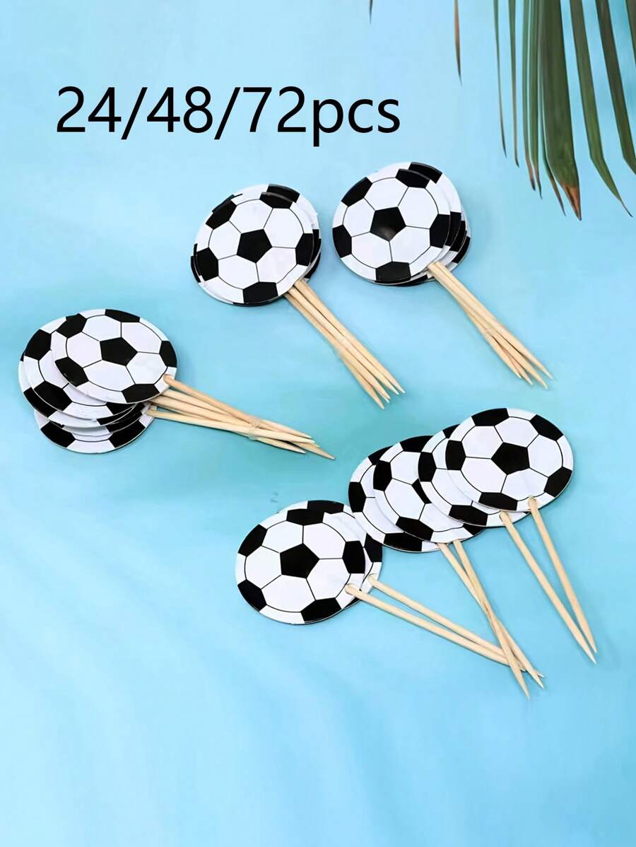 24pcs/48pcs/72pcs Football Cupcake Toppers, Black White Football Cupcake Toothpick Topper, Vibrant Sport Theme Decor, For Birthday Cakes Sports Theme Parties Supplies