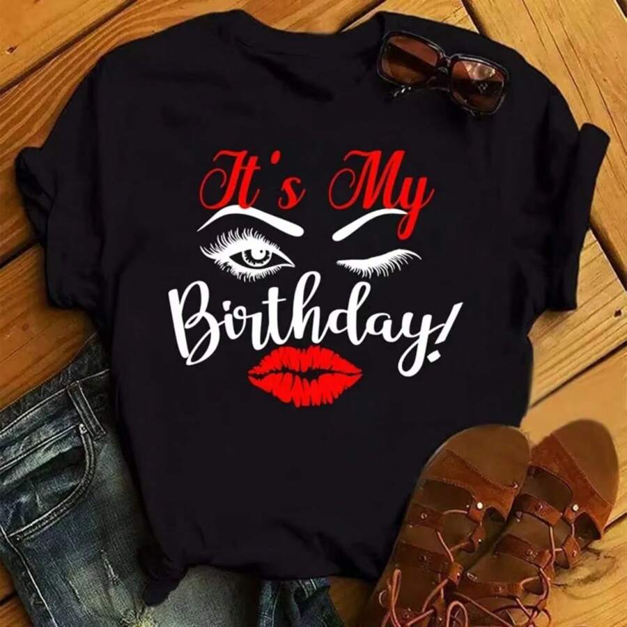 Plus Size Maycaur Eyelash And Lips Print Women T Shirt Fashion Graphic Tops Funny Happy Birthday Party Casual Female Tees