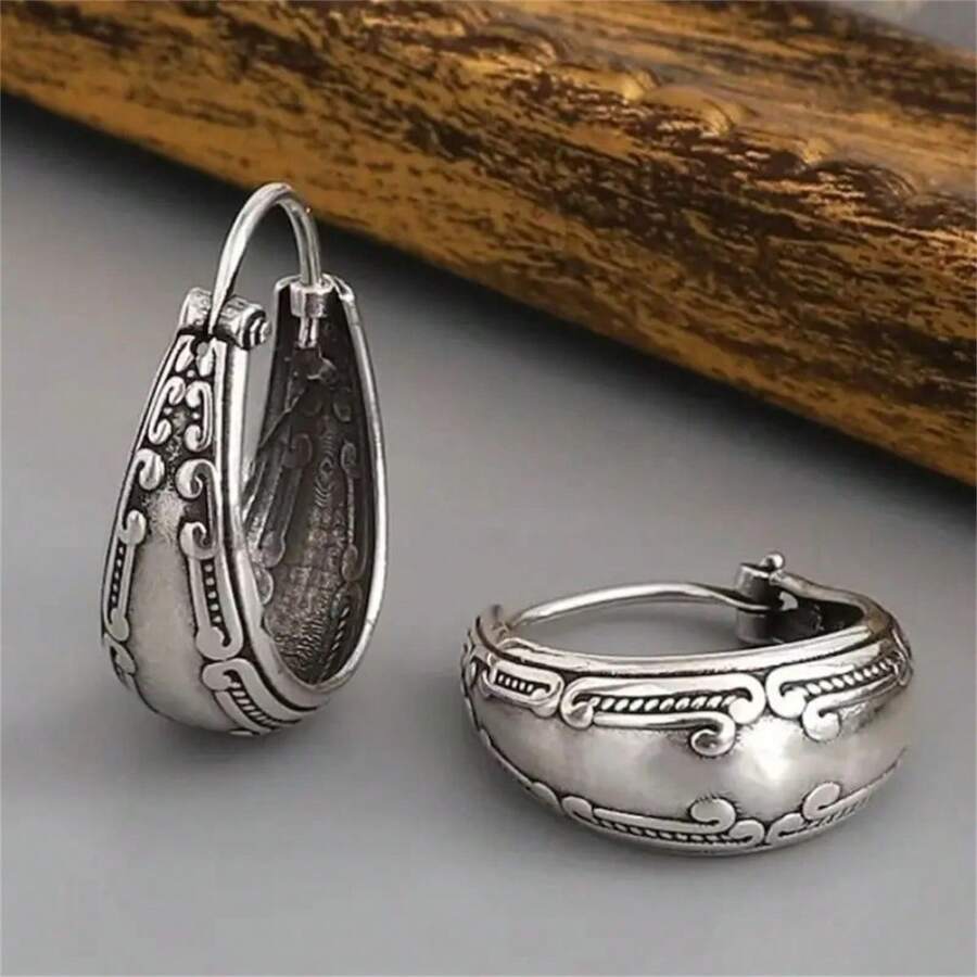 1 Pair Vintage Carved Floral Hoop Earrings, Suitable For Women Daily Accessories, Jewelry Gift