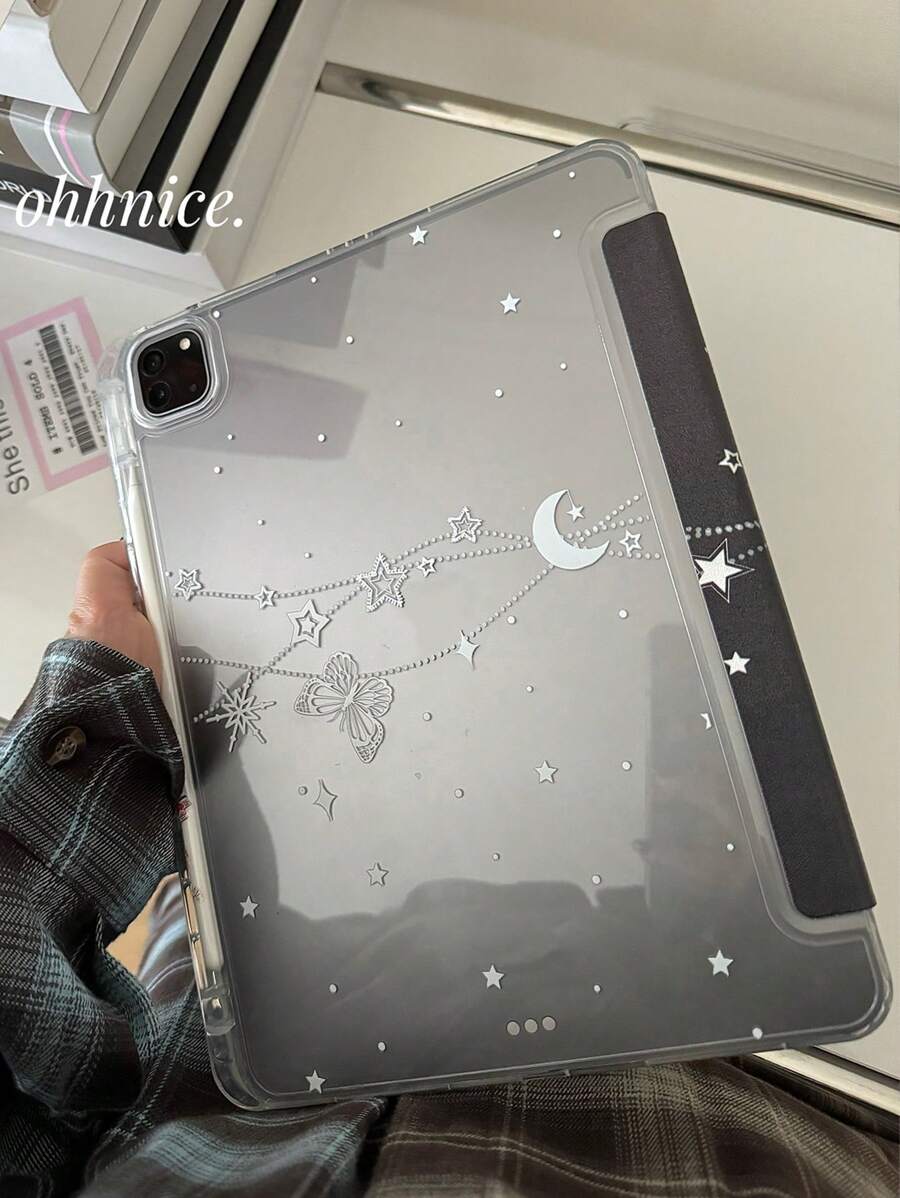1pc Cute Butterfly, Star, Moon Double-Sided Acrylic Transparent Crystal Backlite Tablet Case, Shock-Proof, Compatible With IPad, To Support Sleep/Wake