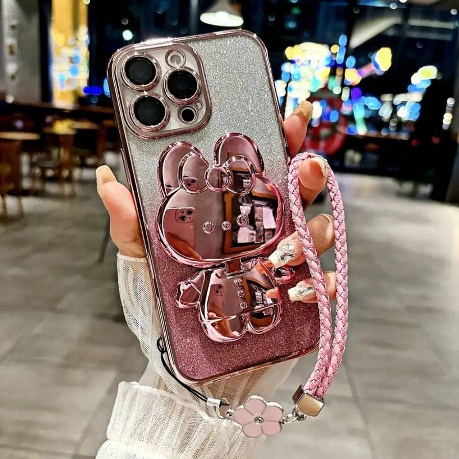 1 Stück Farbverlauf Glitzer 3D Hase Form verborgener Ständer Klee Schlüsselband Süßigkeiten Handyhülle kompatibel mit 16 Pro Max/Galaxy S23 FE/ Edge 30/ Pop 5 LTE/ Pop 5 Pro/Infinix Smart 8/Infinix Hot 40i/ Spark 20/ Spark 20C/ Spark Go 2024/Honor X8/Redmi Note 14 Pro+ 5G