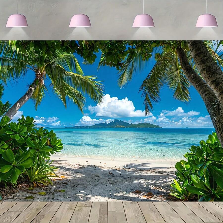 A Tropical Beach Photo Background - Versatile Photography Banner For Photography, Spring/Summer Decorations, Parties - Palm Trees, Blue Sky And Ocean Designs, No Electricity Required