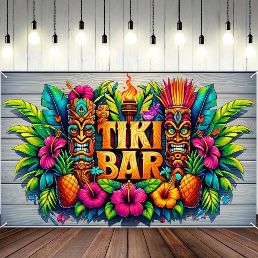 1 Vibrant Tiki Bar Tropical Floral And Totem Design Banner - Hawaiian Beach-Themed Backdrop Perfect For Party Decorations, Photo Booths, Outdoor And Garden Events