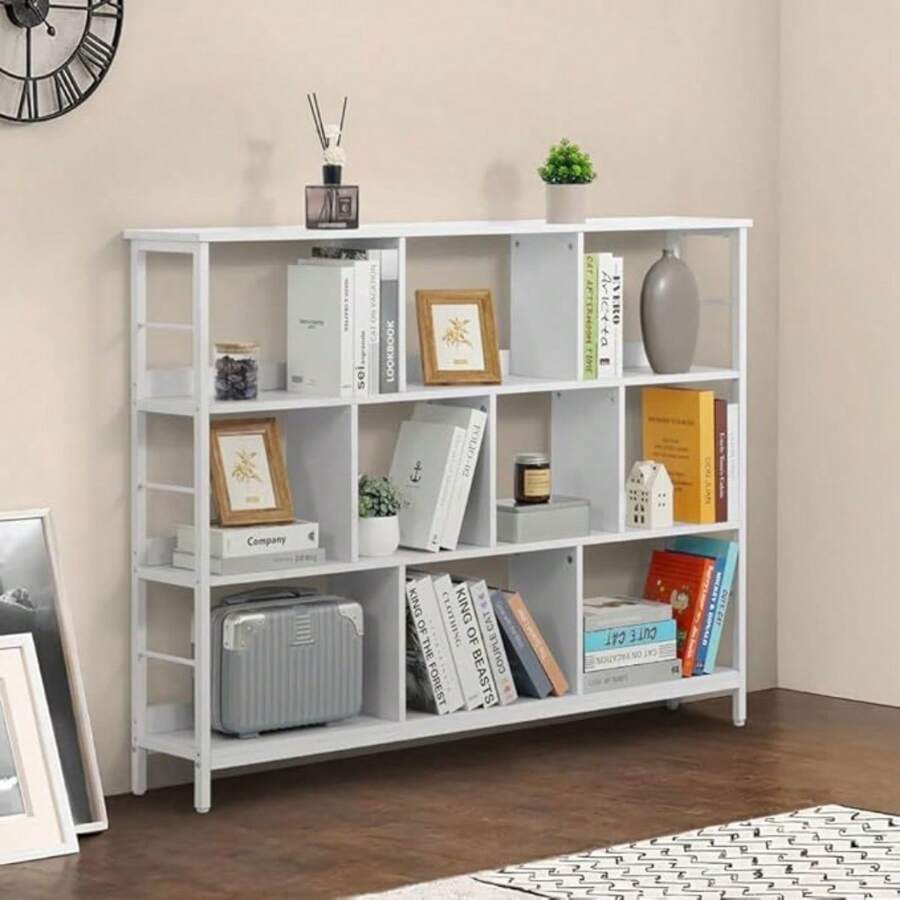 10 Cube Storage Organizer, 55" Wide 3 Tier White Industrial Open Shelf Bookcase, Display Shelf, Horizontal Bookshelf With Metal Frame, Wooden Board, For Living Room, Bedroom, Office