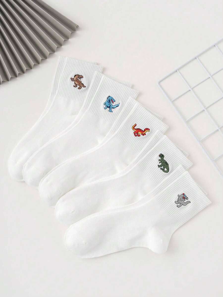 5 paires de chaussettes mi-mollet pour hommes, style sport, motif de dinosaure mignon personnalisé brodé, convenant pour toute saison, taille européenne et américaine, confortable et respirant, riches couleurs, idéal pour le port quotidien, tissu premium, sans étouffement