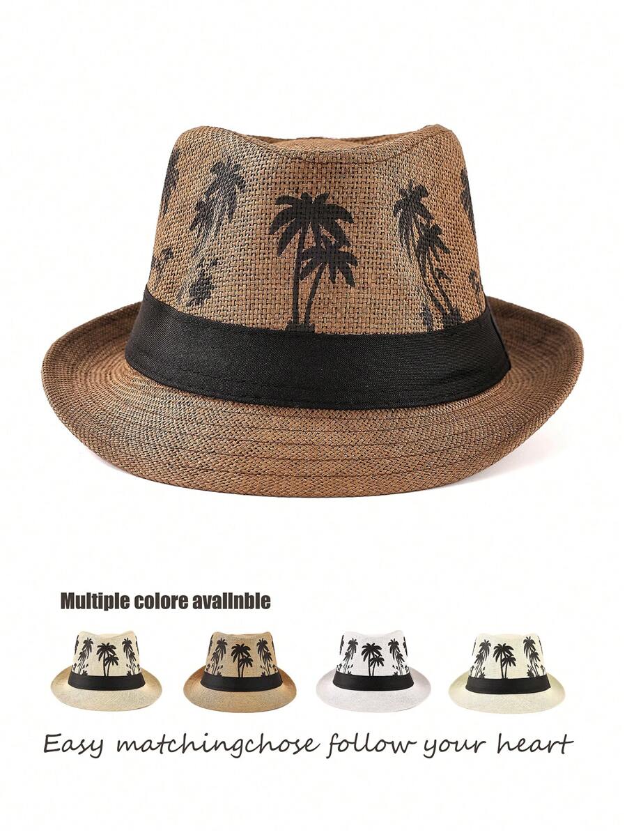 1pc Coconut Tree Bohemian Casual Vintage Polyester Satin Ribbon Printed Straw Braid Jazz Hat, Versatile Unisex Accessory Suitable For Carnival, St. Patrick's Day, Ramadan/Lslamic