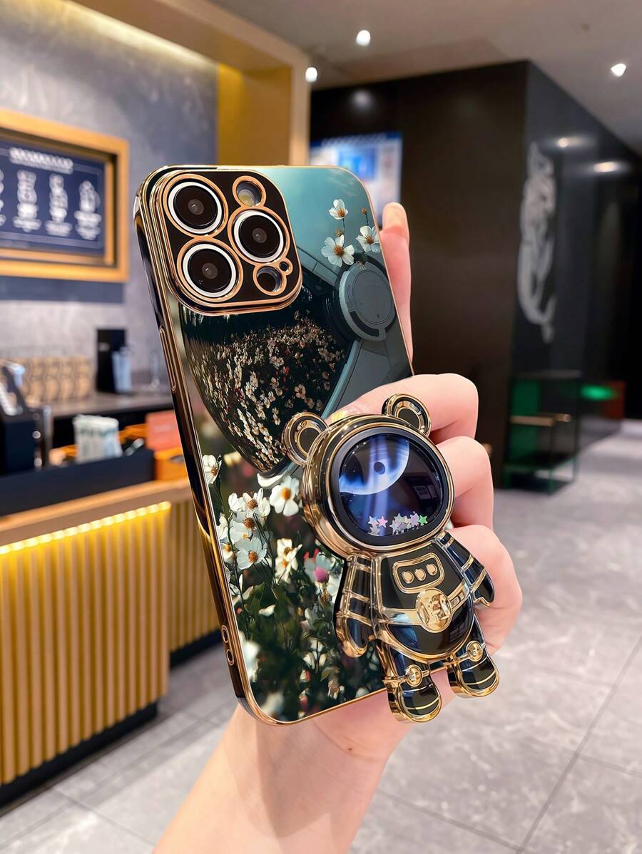 High Quality Black Electroplated Solid Color Astronaut Ditsy Floral Folding Stand Anti-Fall Full Coverage Phone Protective Case With Kickstand, Compatible With IPhone 16 Pro Max/IPhone 11/IPhone 13/IPhone 15 Pro Max, Apple Series, S24 Ultra/S23 Ultra, Galaxy A05S/A15 5G/Galaxy A54, Series, Redmi Note 13 4G/Redmi Note 13 Pro 4G, Series