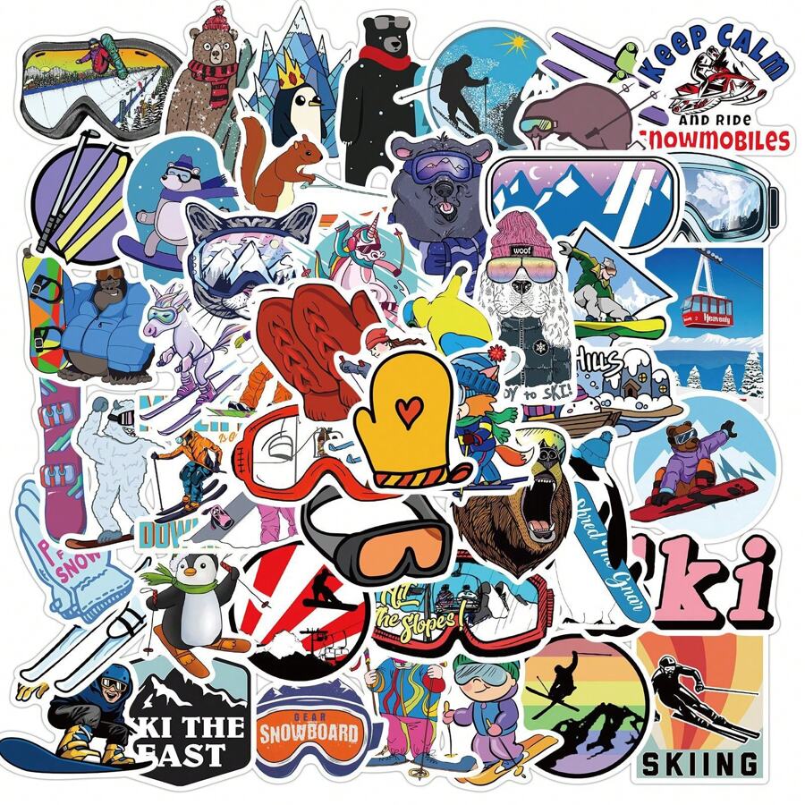 50 Ski Graffiti-stickers, te gebruiken voor bagage, motorfietsen, koffers, notitieboekdecoratie, doe-het-zelf-knutselwerkjes, multifunctionele stickers, kinderen, tieners, volwassenen, waterflessen, skateboardstickers