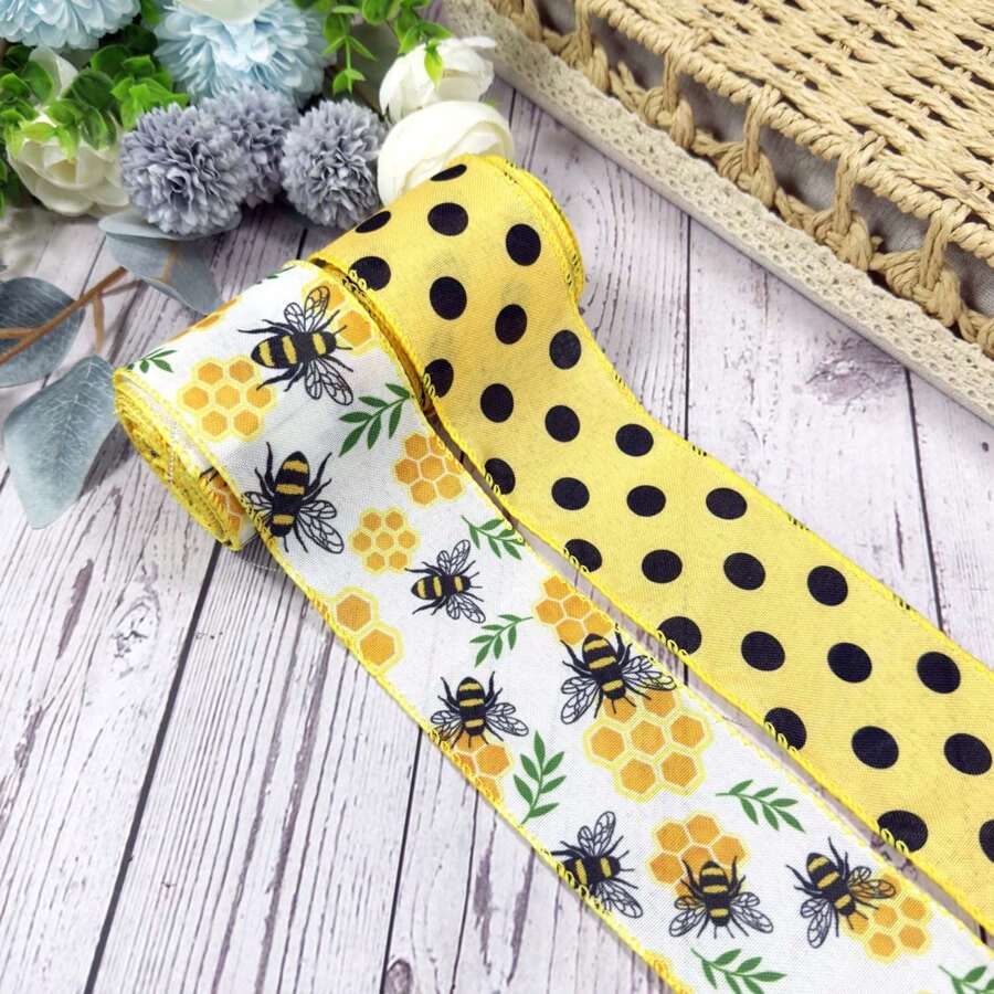 1 pièce/2 pièces Rubans de ressort à abeilles avec fil pour couronnes, arcs, emballage de cadeaux. Ruban à bourdons pour l'emballage de cadeaux, la décoration de fête d'anniversaire, les artisanat DIY. Ruban en toile de jute à pois jaune de 2,5 pouces avec bord fileté