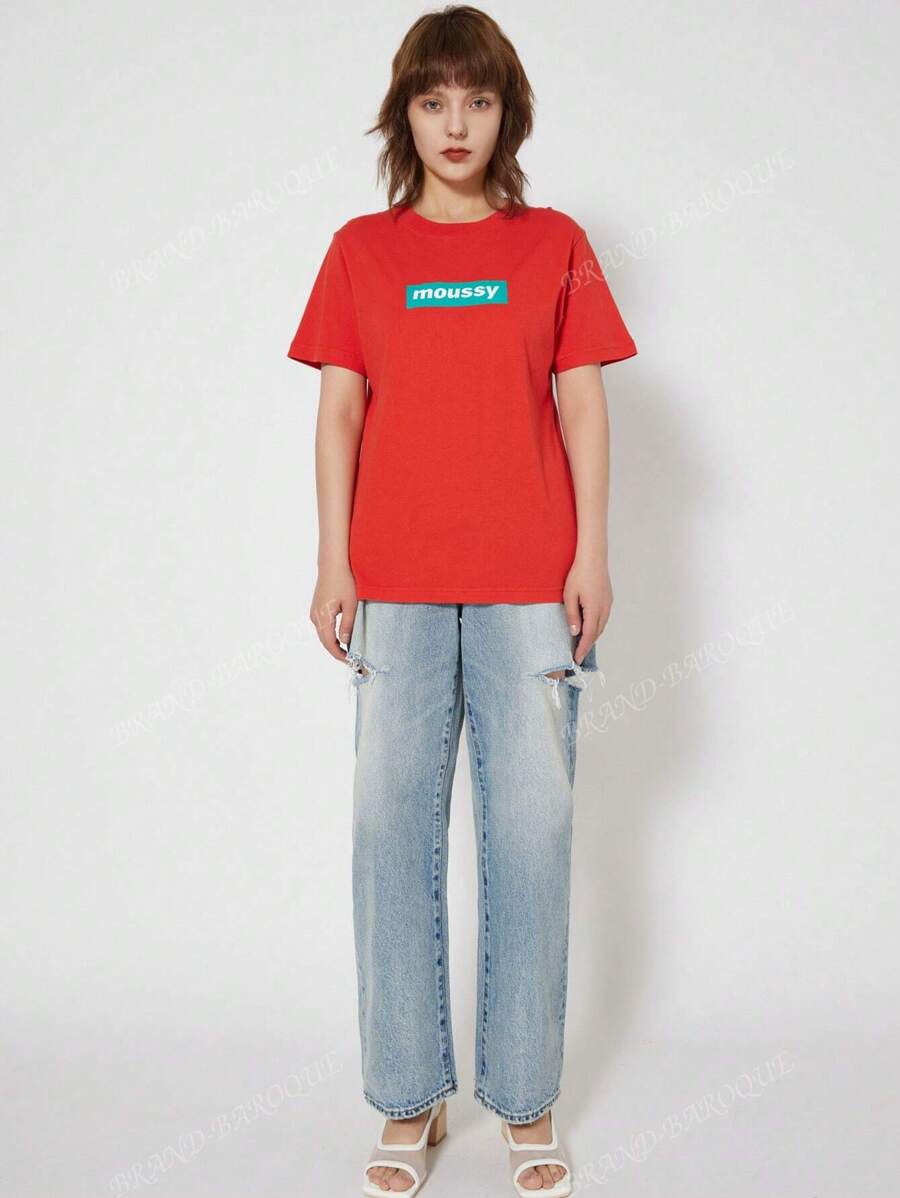 MOUSSY MOUSSY Casual Classic Screen Printed Dopamine Logo Short Sleeve T-Shirt For Women 028FSZ90-0260