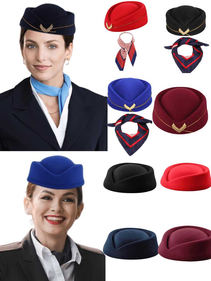 1Sets Stewardess Hat With Scarf (Some Style Without Scarf) Flight Attendant Cap Felt Pillbox Hats Air Hostess Retro Fedoras Cap Beret Hat Cosplay Costume Party Accessories For Women Lady Gift.