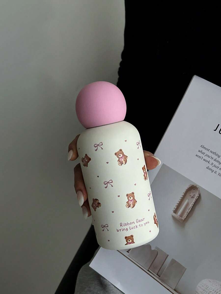 1pc 350ml Teddy Bear Bow Stainless Steel Double Wall Insulated Cup, Flat Bottom Mug, Coffee Cup, Water Bottle, Outdoor Tumbler, Tea , Unique Tea Cup Lid Design, Suitable For Outdoor, Office, Home, School, Car, Birthday Gift, Holiday Gift, Mother's Day, Father's Day, Back To School, Valentine's Day