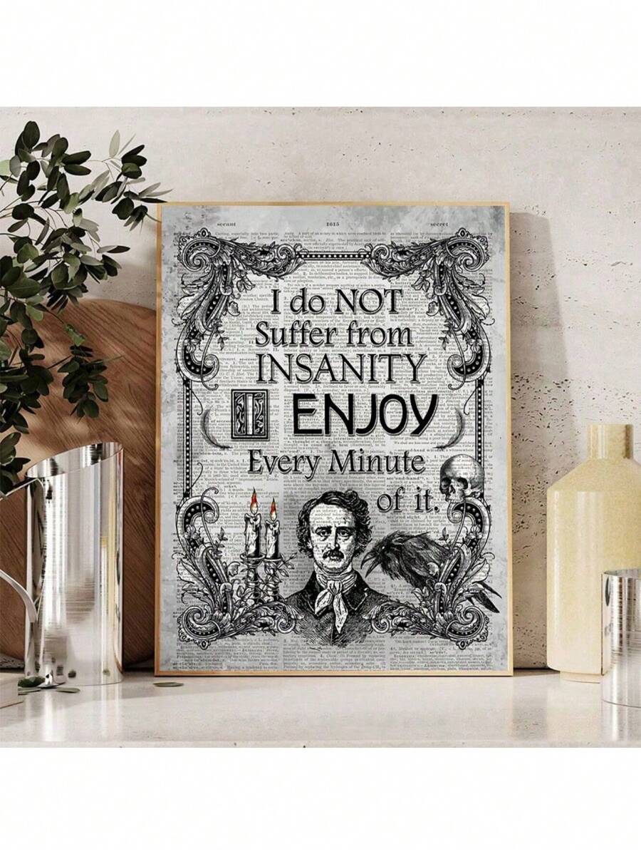 1PC Canvas Painting Abstract Poe Art Gothic Mounted Newspaper Insanity Quote Poster Posters And Print Wall Decor Room Decoration Wall Art Pictures Aesthetic For Living Home Bedroom Decor No Frame