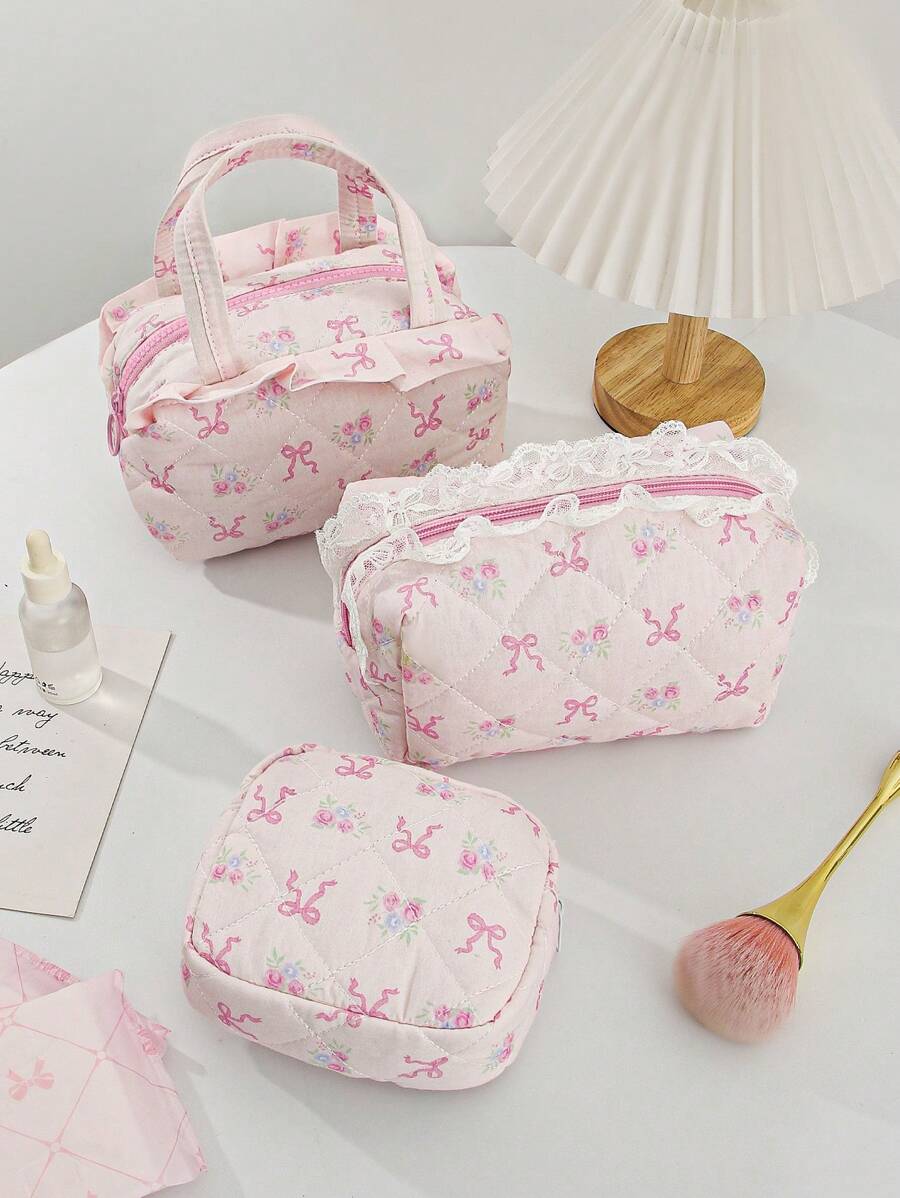 1Pc Pink Bow Knot And Floral Pattern Quilted Multifunctional Cosmetic Organizer Handbag Bath Shower Wallet Pouch Portable Cosmetics Brush Storage Clutch With Zipper Closure For Lipstick, Brush, Skincare, Mobile Phone, Coin, Small Items, For Home, Travel, Vacation And School Use,Makeup Bag Makeup Travel Essentials Travel Accessories Travel Must Haves