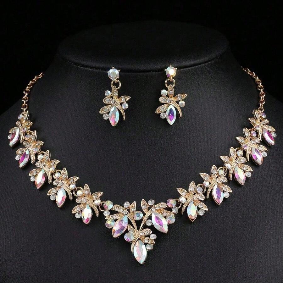 Set de 3 piezas de juego de joyería para mujer: collar, aretes, accesorios de cena de boda de lujo con diamantes de imitación brillantes