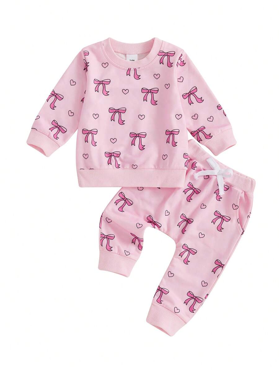 Baby Girls 2-Piece Outfit, Bow Print Long Sleeve Crew Neck Sweatshirt With Elastic Waist Sweatpants Fall Clothes