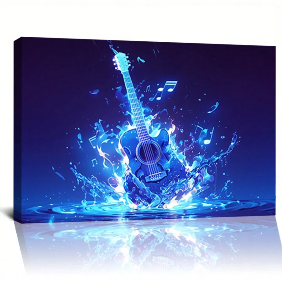 Blue Fire Guitar Canvas Print, Musical Instrument Wall Art, Water Splash Design, Creative Home Decor, Unique Guitar Artwork,High Quality, For New Year, Valentine's Day, Living Room, Bathroom, Bedroom, Kitchen, Framed Art