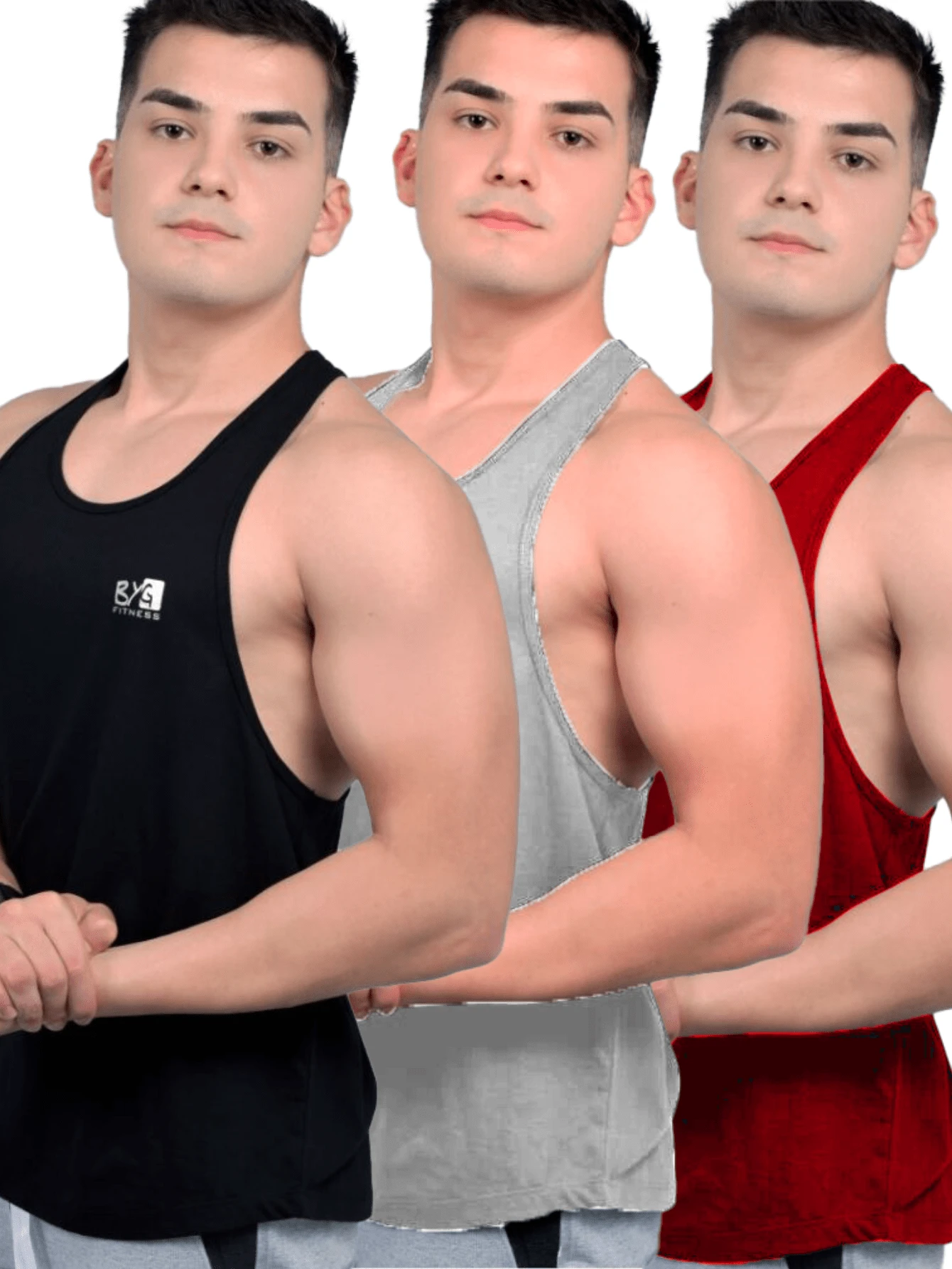 Kit Of 3 Men's 100% Cotton American Style Low-Cut Tank Tops For Training