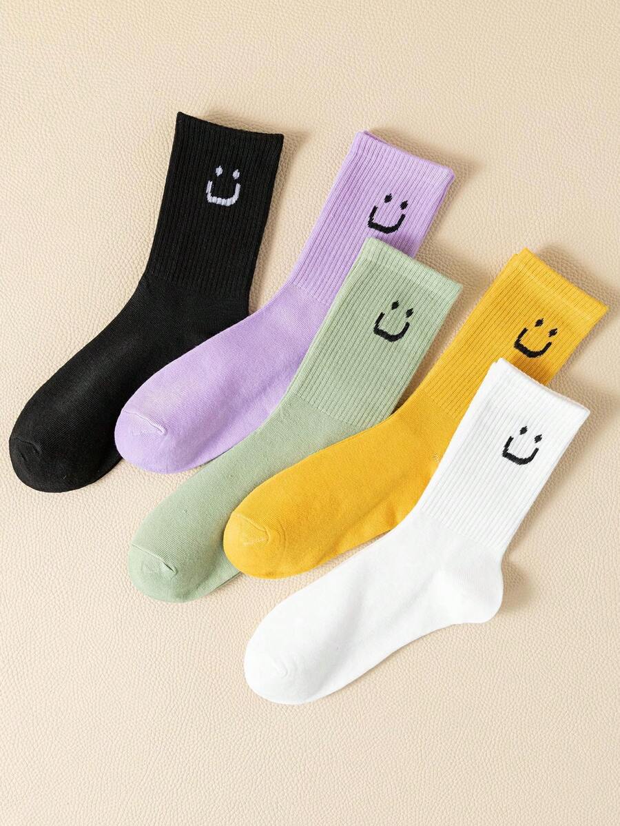5 pares de calcetines de media pantorrilla con estampado de cara sonriente de color caramelo para mujer, estilo versátil para la vuelta al cole, cómodos, suaves y transpirables, adecuados para uso diario, informal, deportes, regalos, parejas, etc., para todas las estaciones