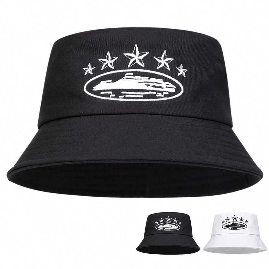 1 Stück Männer Fünf-Sterne-Stickerei Fischerhut, Street Fashion Fischerhut, Lässig Sonnenhut geeignet für Frühling/Herbst Outdoor, Reise, Strand, Party. Männer Sonnenhut Sommerhut, geeignet für Sommeroutdoor-Aktivitäten wie Wandern und Angeln