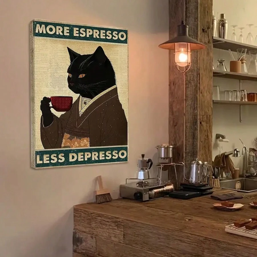 Room Decor 1pc Whimsical Black Cat Coffee Canvas Wall Art, Framed Humorous Poster, Unique Artwork For Coffee Lovers, Ideal For Coffee Shops, Bars, Pubs, Home Kitchens, Ready-To-Hang Gift For Cat Enthusiasts