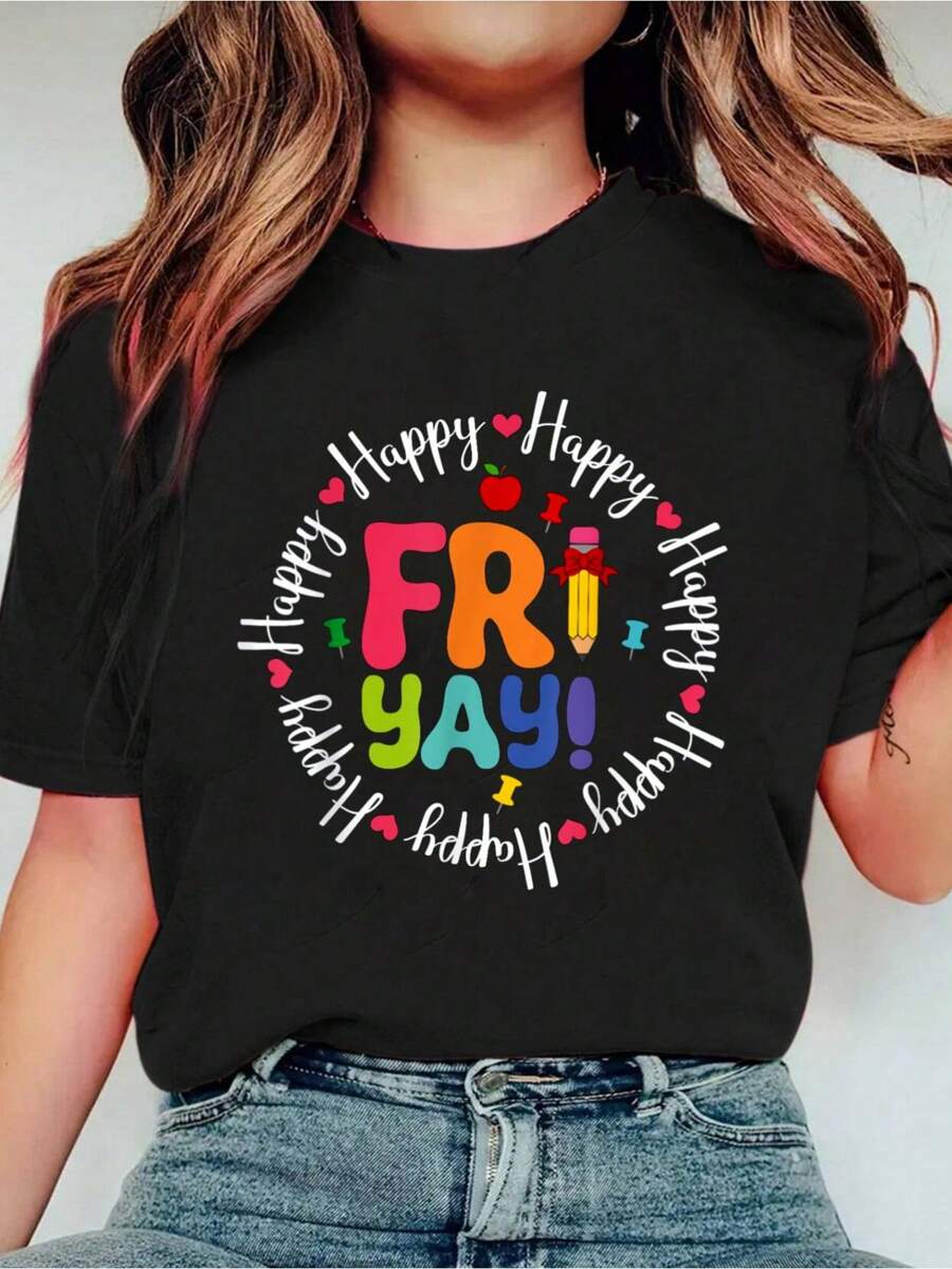 Happy FriYay Friday Funny Teacher Friyay Teacher T Print Crew Neck Casual T-Shirt Short Sleeve Sports Top, Smart Casual/Street Style Women's Clothing