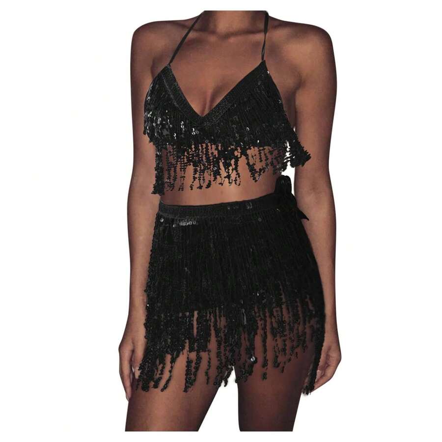 Conjunto Top e Saia de Franjas de Amarrar Paetês Lantejoulas Festa Carnaval Show Festivais Tamanho ÚnicoPoliéster