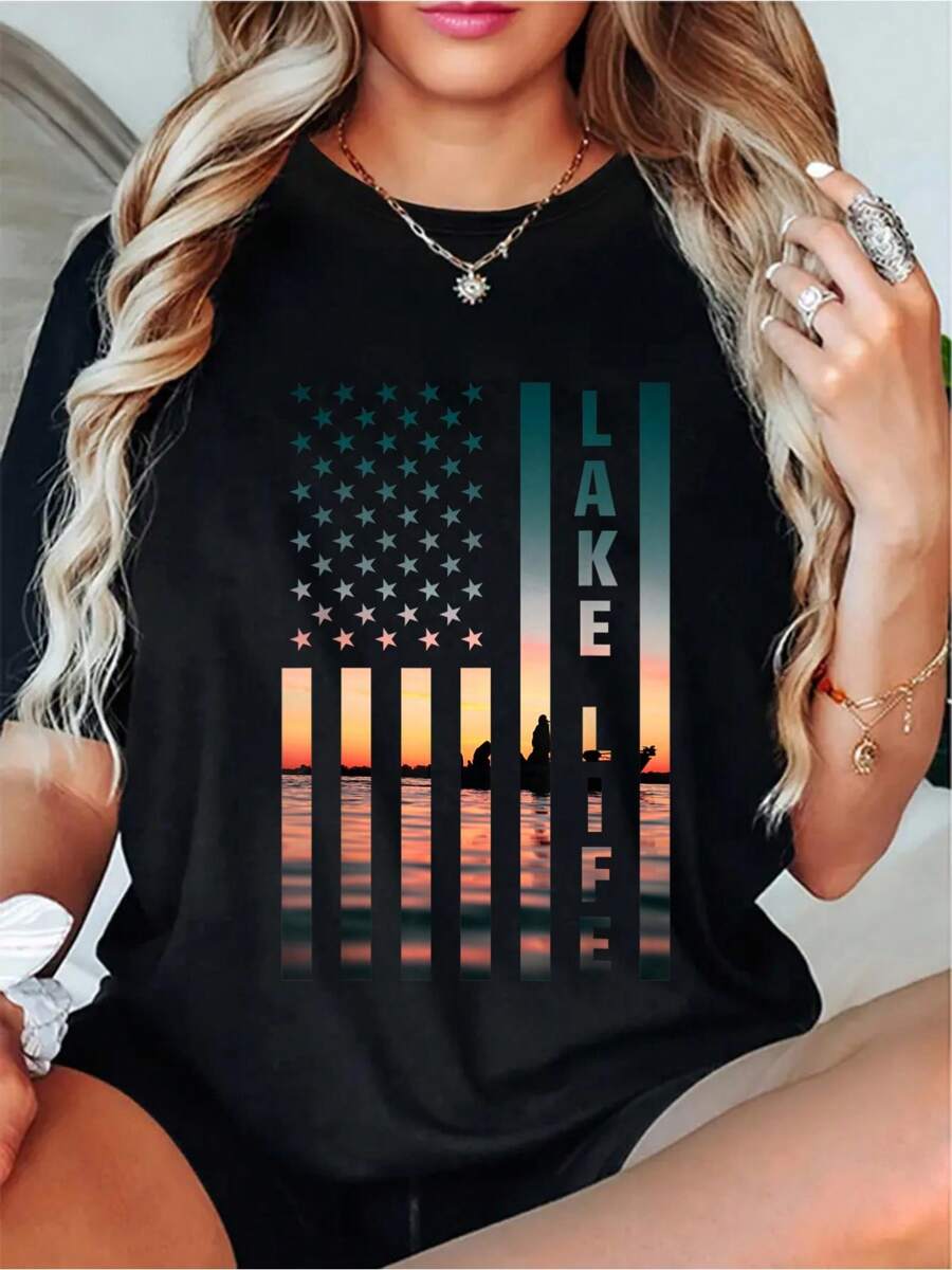 100% Cotton Lake Life Fisherman Sunset American Flag Bass Fishing Boat T-Shirt - Casual Short Sleeve Printed Crew Neck T-Shirt For Spring & Summer - Comfortable, Relaxed Fit
