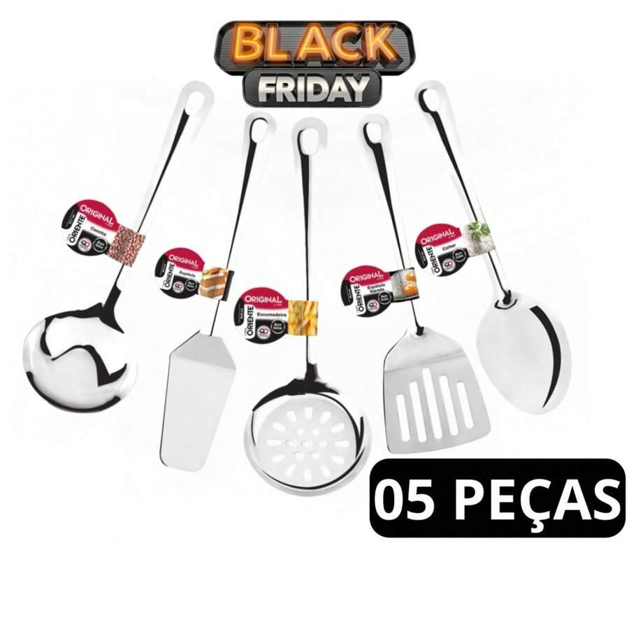 Kit 5 Utensilios De Cozinha Aco Inox Concha Escumadeira Espatula Vazada Colher Arroz Espatula Bolo