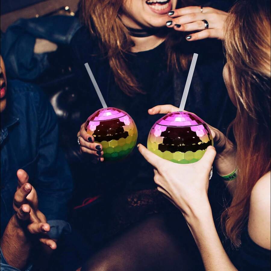 Disco Ball Plastic Cups With Straws, Glitter Girls Disco Ball Cups, Disco Beverage Cups, Reusable Disco Cups With Straws For Home Party Accessories