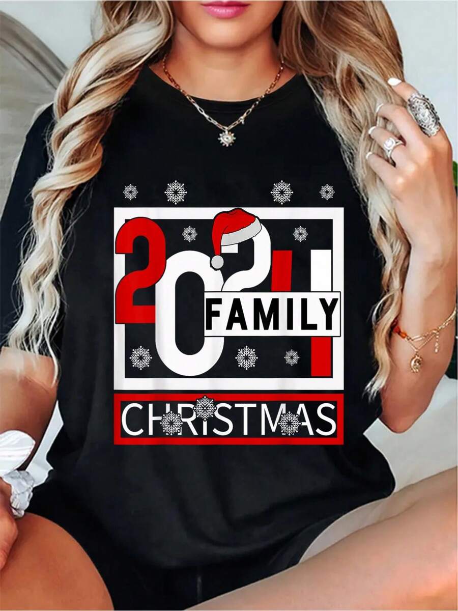 Cotton Women Family Christmas 2024 Matching Outfit Christmas T-Shirt - 100% Cotton Women's Casual Short Sleeve Crew Neck T-Shirt For Spring & Summer