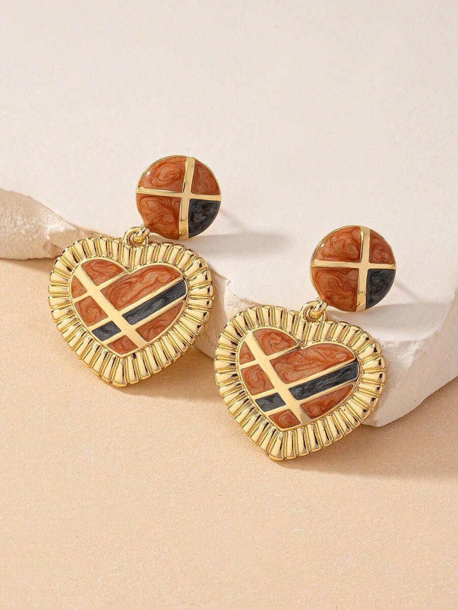 1 Pair European And American Style Exaggerated Geometric Color Block Heart Drop Dangle Earrings For Women