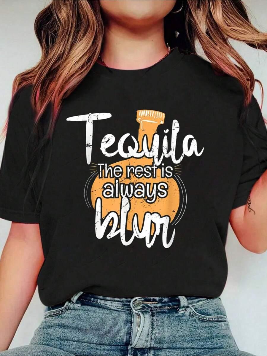 Funny Tequila Blur Party Humor Spirits Tequila Lovers Tees,Fashion Casual T-Shirt Print Crew Neck Casual T-Shirt Short Sleeve Sports Top, Smart Casual/Street Style Women's Clothing