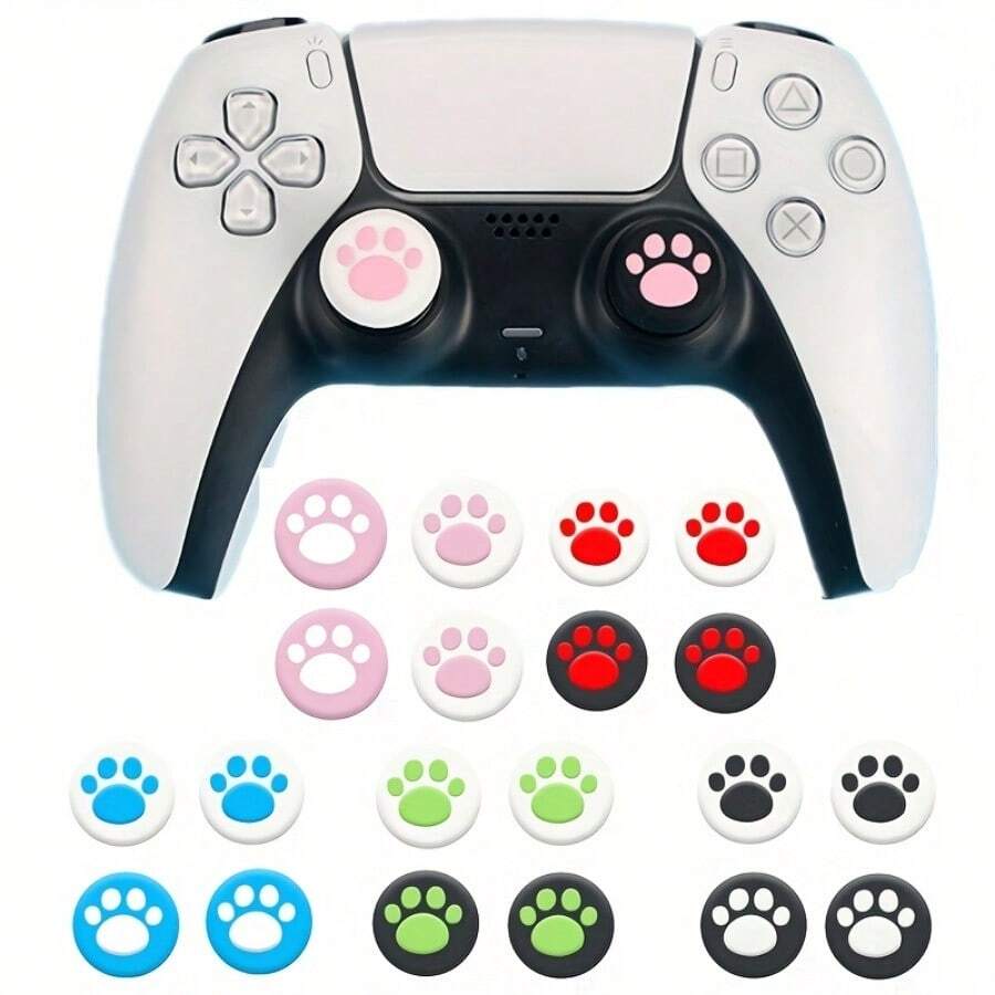 4 sztuki/zestaw silikonowych osłon na uchwyt z motywem łapy kota, kompatybilnych z PS4/kontrolerem, czapką na joystick i nakładkami na kciuki