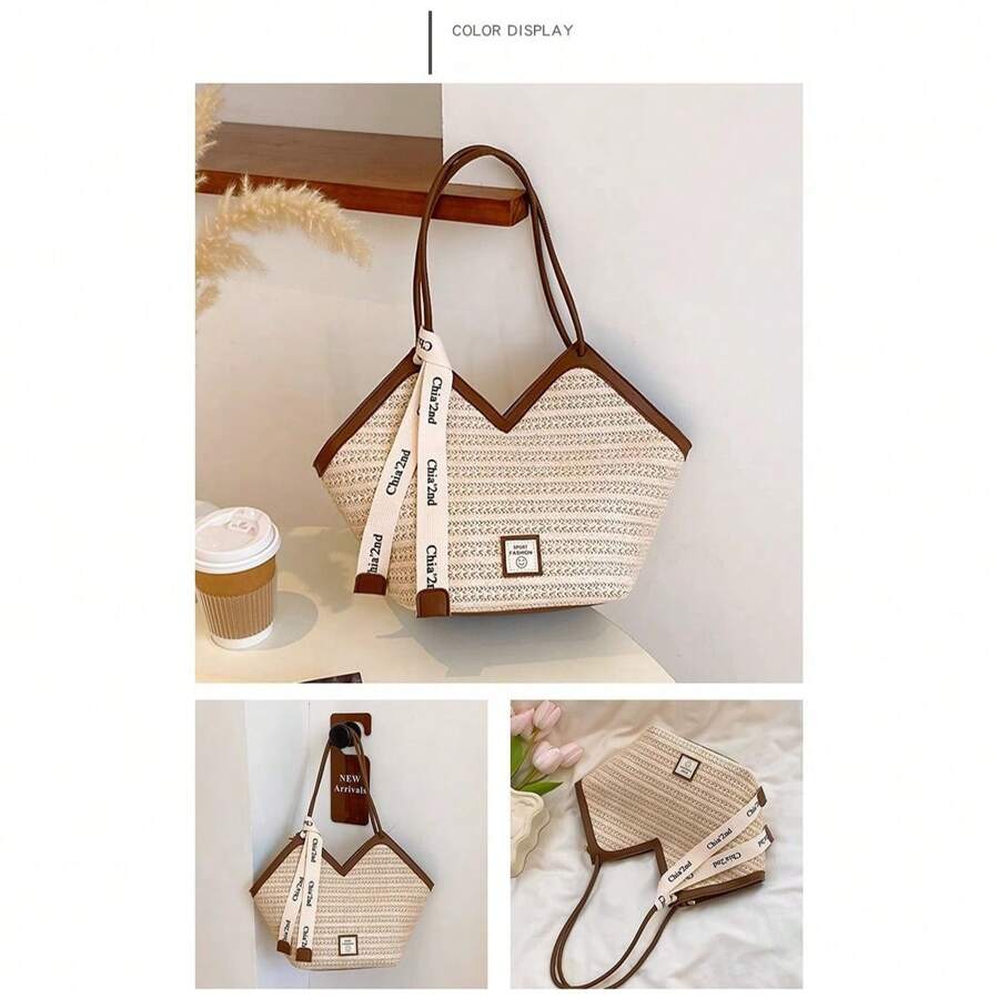 Bolso de capacidad grande con correa decorativa, bolso de paja vintage de nueva llegada primavera/verano 2025, bolso tejido versátil para el hombro para ir a trabajar, la playa, de compras, fiestas, niñas, estudiantes