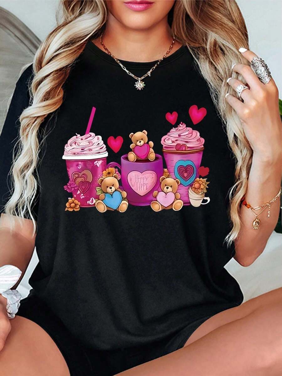 100% Cotton Women's Cute Cartoon Bear & Milk Tea Print T-Shirt - Casual Short Sleeve, Round Neck Top For All Seasons, Machine Washable - Casual Short Sleeve Printed Crew Neck T-Shirt For Spring & Summer - Comfortable, Relaxed Fit