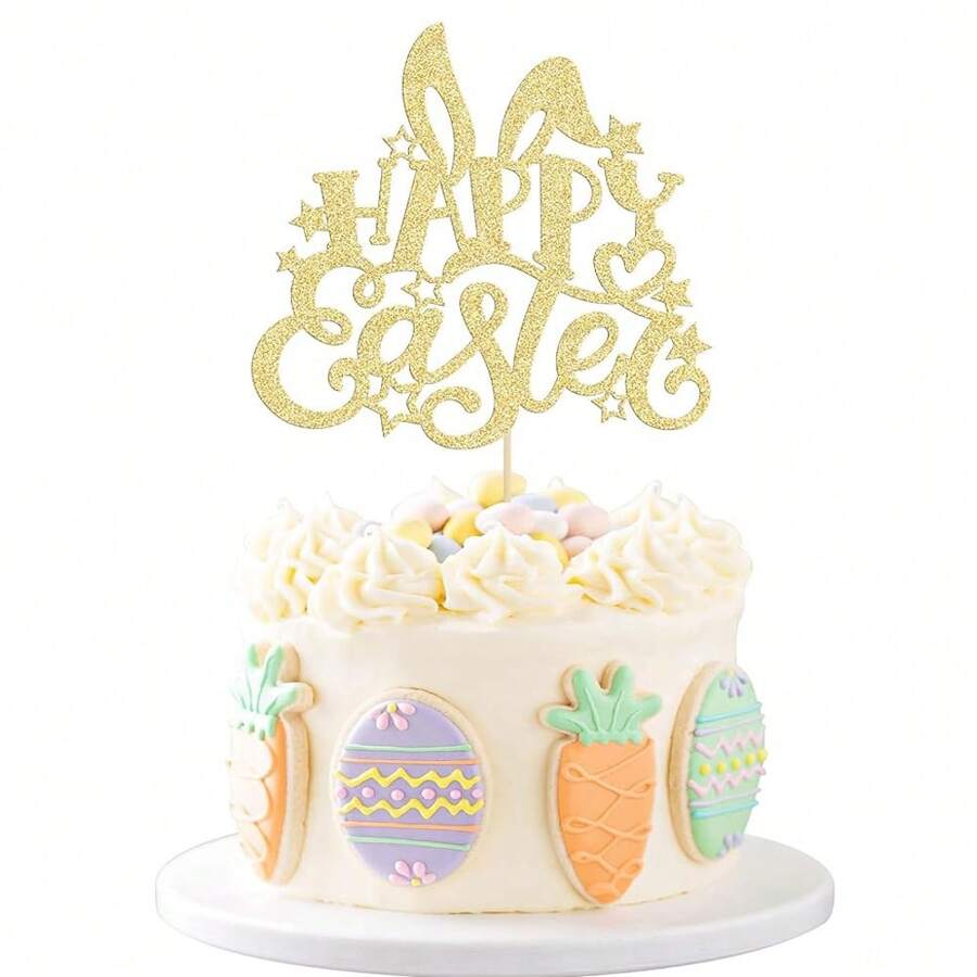 1 pièce Décoration de gâteau lapin de Pâques oreille avec paillettes dorées Joyeuses Pâques, décoration de gâteau pour thème de printemps de fête d'anniversaire