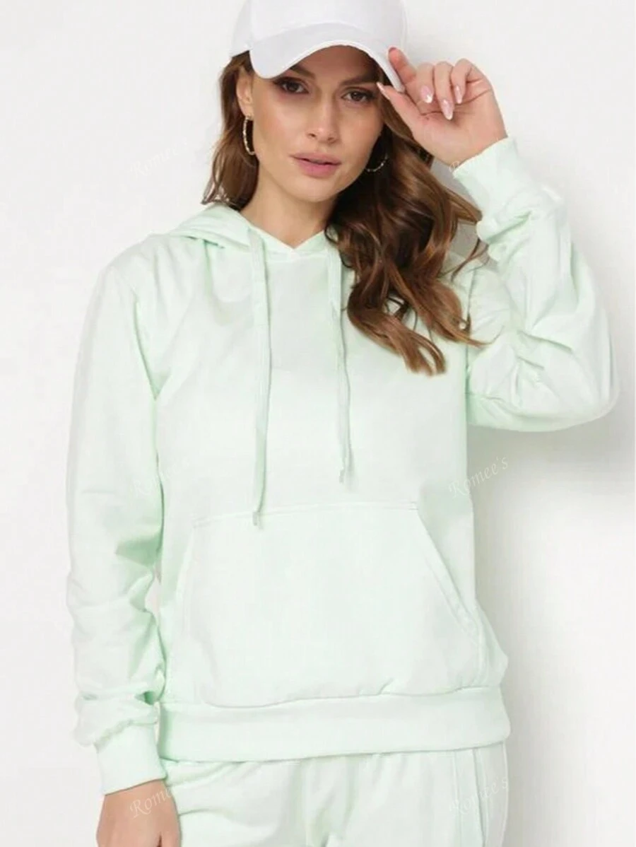 Sweatshirt à capuche avec cordon de serrage et manches longues, couleur unie pour femmes
