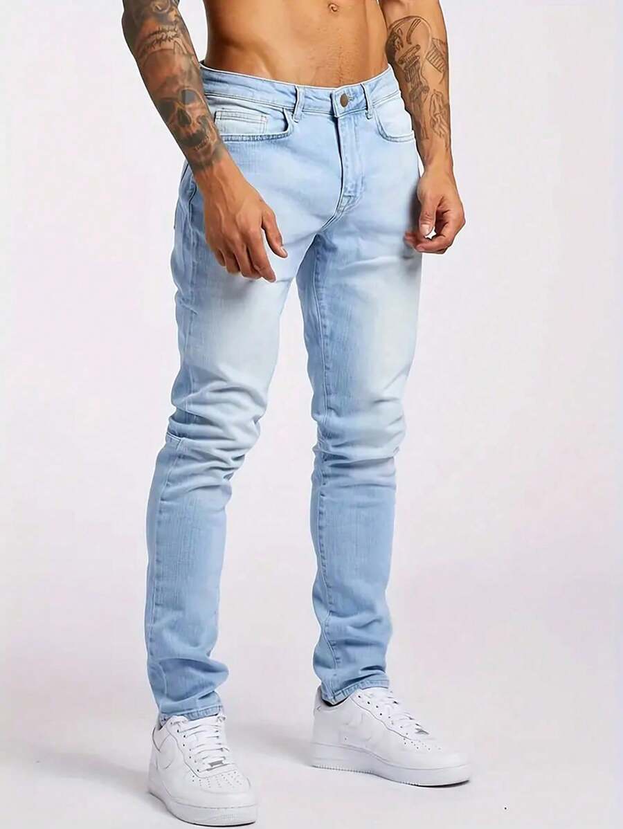 Męskie jeansy Slim Fit Straight Leg Washed, uniwersalne spodnie jeansowe z kieszeniami ukośnymi dla par