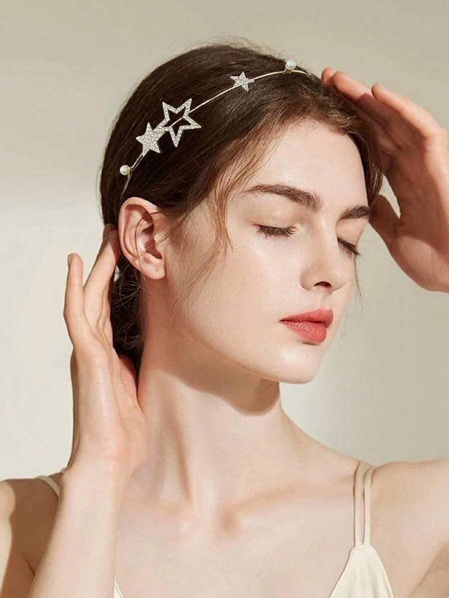 1 pieza Diadema elegante y minimalista con estrella hueca de perla y cristal, accesorio decorativo para el cabello para fiestas y uso diario