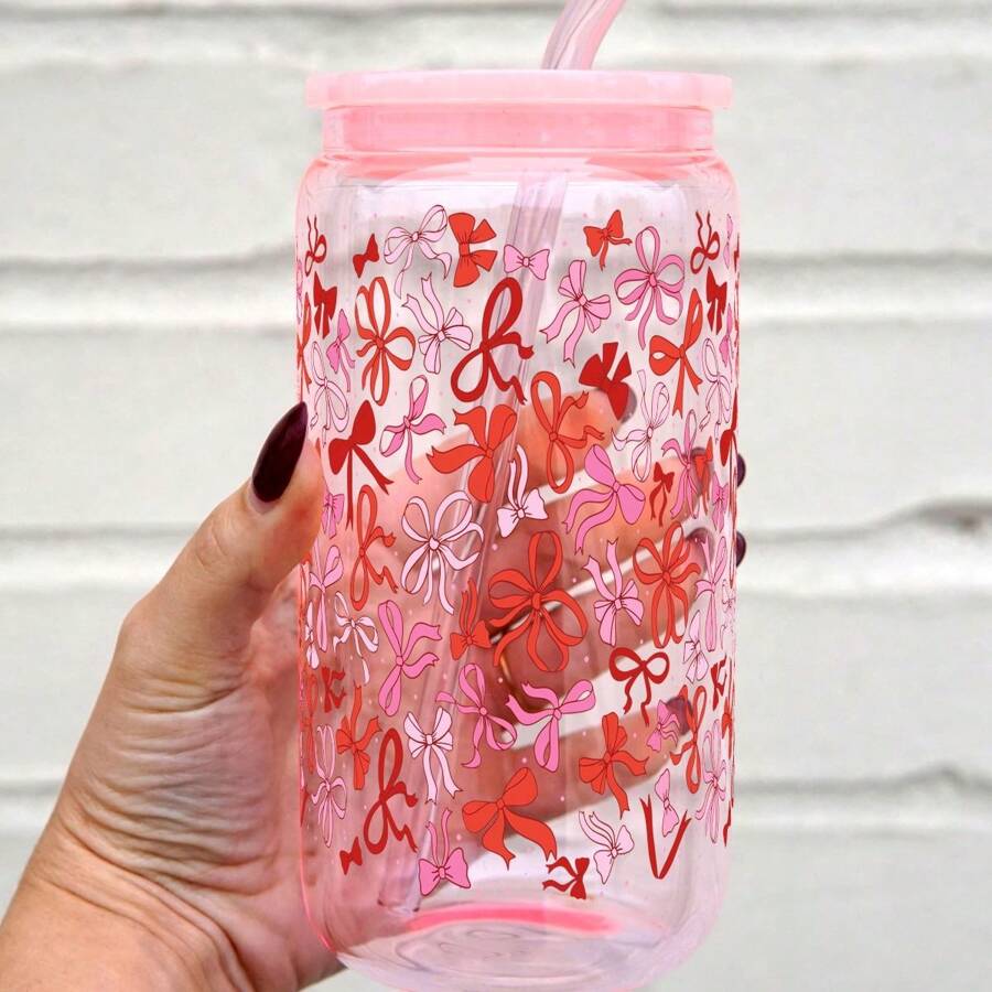 Sip Sip Hooray Coquette Valentine Glass Can Cup With Lid And Straw Gift For Girlfriend, Galentine Day Gift Custom Glass Cup Cute Beer Can Iced Coffee Glass Cup