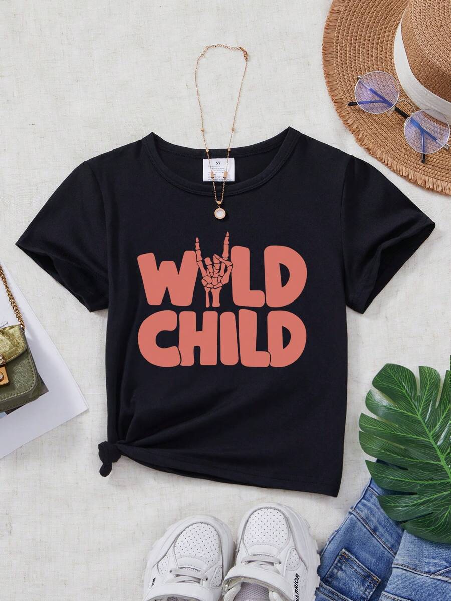Young Girl Slogan Print Round Neck Casual Short Sleeve T-Shirt